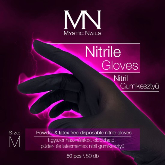 Nitrile gloves - Powder & latex free disposable, black - Size M - 50 pcs/box